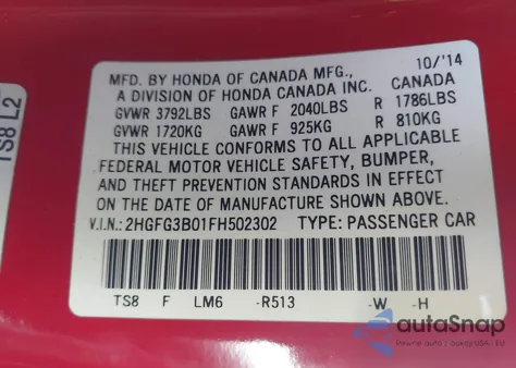 2015 Honda Civic Ex-L from USA, damaged, VIN 2HGFG3B01FH502302